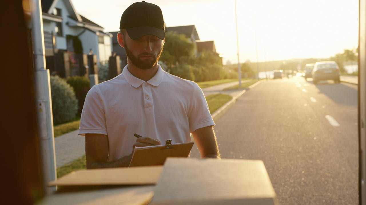 services-05 Delivery worker writing on clipboard while delivering packages on a sunny street.